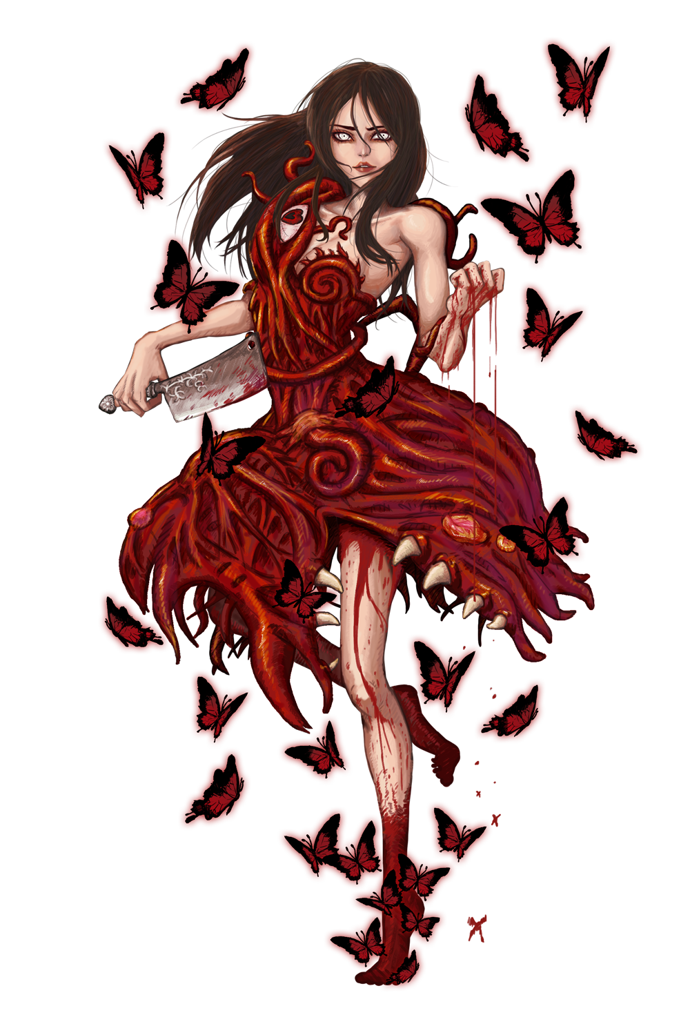 1girl alice:_madness_returns alice_(wonderland) alice_in_wonderland american_mcgee's_alice bdburn black_hair blood bloody_hands breasts bug butterfly cleavage cleaver dress extra_eyes food grey_eyes guro highres holding insect lipstick long_hair looking_at_viewer makeup meat meat_dress medium_breasts simple_background solo standing white_background
