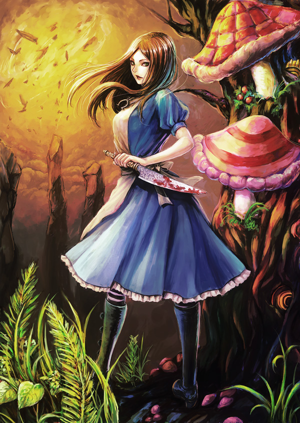 1girl alice:_madness_returns alice_(wonderland) alice_in_wonderland american_mcgee's_alice apron black_hair blood breasts closed_mouth dress green_eyes jewelry jupiter_symbol knife lipstick long_hair looking_at_viewer makeup natsume_k necklace