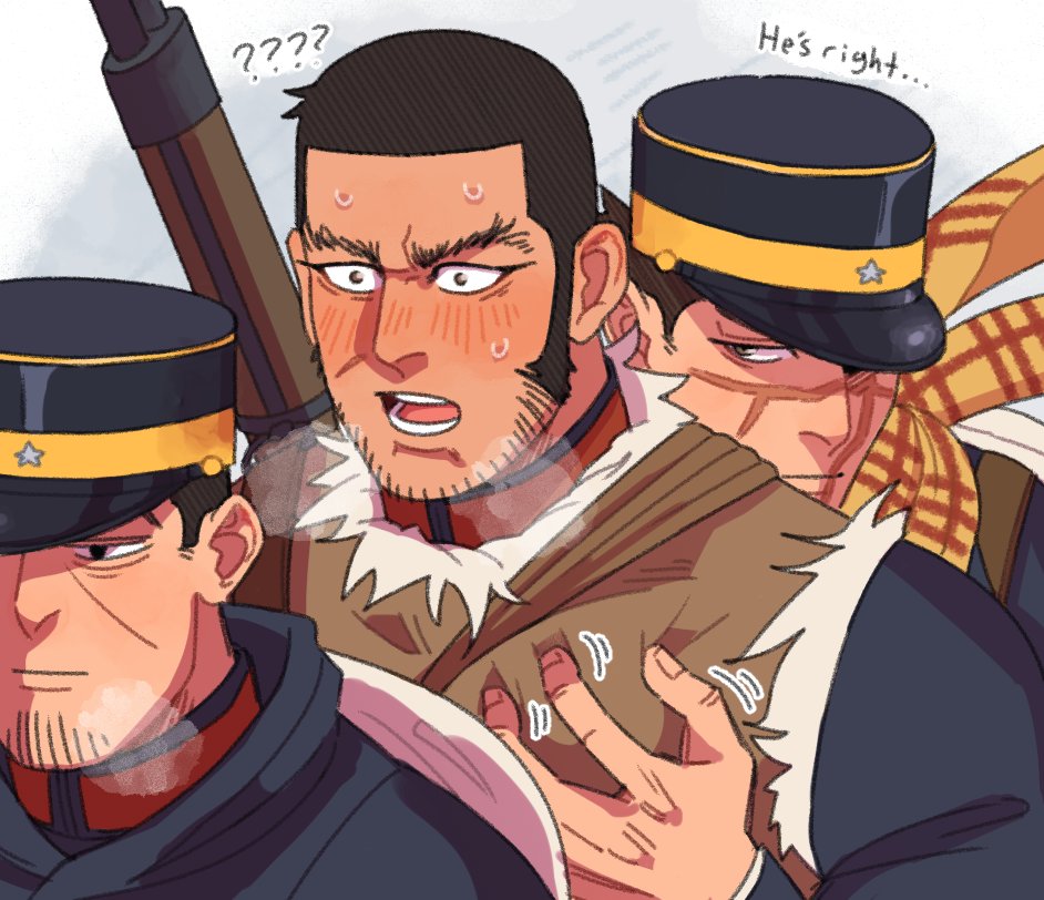 3boys ? arisaka bara black_eyes black_hair blue_jacket blush bolt_action breath brown_eyes english_text facial_hair facial_scar foazycozy golden_kamuy grabbing groping gun imperial_japanese_army jacket kepi male_focus multiple_boys pectoral_grab rifle scar scar_on_cheek scarf short_hair sideburns stubble sugimoto_saichi tanigaki_genjirou thick_eyebrows tsukishima_hajime weapon yellow_scarf