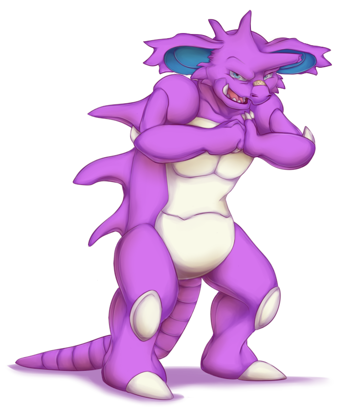 2016 alpha_channel anthro band-aid bandage blue_eyes claws evil_look featureless_crotch fist_in_palm looking_at_viewer lurry male nidoking nintendo nude open_mouth open_smile pok&eacute;mon pok&eacute;mon_(species) purple_body simple_background smile solo transparent_background video_games white_claws