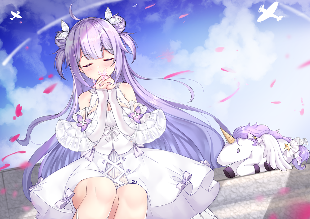 1girl ahoge aircraft airplane azur_lane bangs bare_shoulders blue_sky blush bow closed_eyes closed_mouth cloud cloudy_sky commentary_request day detached_sleeves double_bun dress eyebrows_visible_through_hair facing_viewer feet_out_of_frame flower hair_ribbon hands_clasped hands_up kuaua long_sleeves outdoors own_hands_together petals purple_bow purple_hair ribbon short_over_long_sleeves short_sleeves sitting sky sleeveless sleeveless_dress sleeves_past_wrists smile solo stuffed_alicorn stuffed_animal stuffed_toy two_side_up unicorn_(azur_lane) white_dress white_flower white_ribbon white_sleeves wide_sleeves