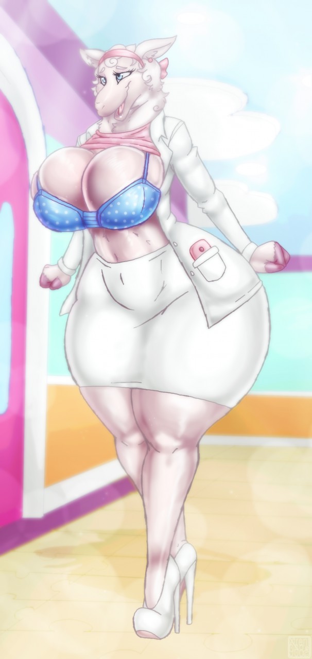 2017 anthro big_breasts bottomwear bovid bra breasts caprine cleavage clothed clothing curvy_figure disney disney_junior doc_mcstuffins female footwear full-length_portrait hi_res high_heels huge_breasts lambie_(doc_mcstuffins) mammal midriff portrait raised_clothing raised_shirt sheep shoes skirt solo standing thick_thighs underwear wide_hips xtrent968