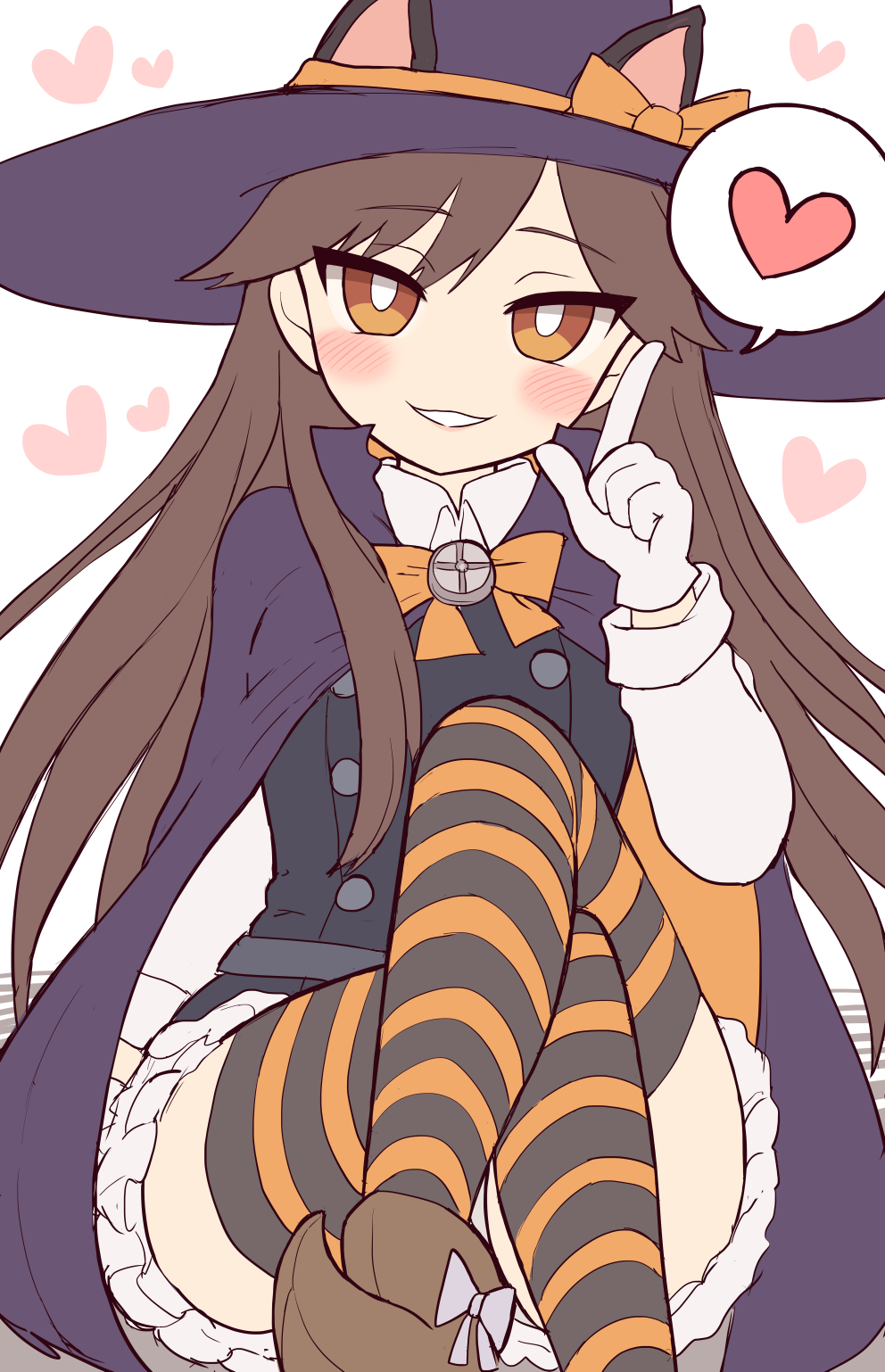 1girl animal_ears arashio_(kantai_collection) asashio_(kantai_collection) asashio_(kantai_collection)_(cosplay) bangs black_dress blush brown_eyes brown_footwear brown_hair cape cat_ears cosplay crossed_legs dress eyebrows_visible_through_hair frilled_dress frills gloves halloween halloween_costume hat heart highres kantai_collection long_hair long_sleeves pinafore_dress school_uniform shirt simoyuki simple_background smile solo spoken_heart striped striped_legwear white_background white_gloves white_shirt witch_hat