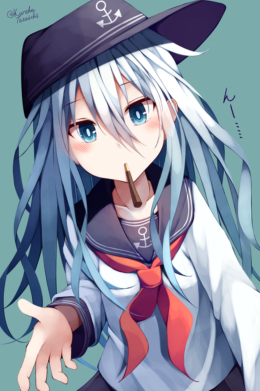 1girl anchor_symbol bangs black_headwear black_sailor_collar black_skirt blue_eyes blush collarbone commentary_request eyebrows_visible_through_hair flat_cap food food_in_mouth green_background hair_between_eyes hamayuu_(litore) hat hibiki_(kantai_collection) highres kantai_collection long_hair long_sleeves looking_at_viewer mouth_hold neckerchief pleated_skirt pocky red_neckwear sailor_collar school_uniform serafuku shirt silver_hair simple_background skirt solo translation_request twitter_username very_long_hair white_shirt