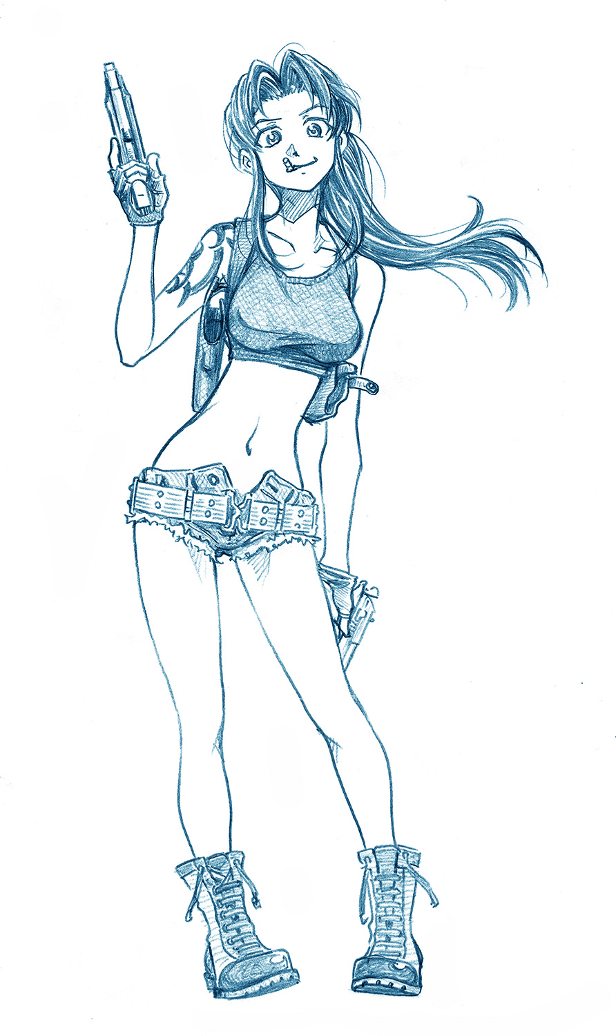 bbb_(friskuser) belt black_lagoon boots cigarette commentary_request crop_top dual_wielding fingerless_gloves gloves gun hair_intakes highres holding holding_gun holding_weapon holster long_hair monochrome mouth_hold navel ponytail revy_(black_lagoon) shorts shoulder_holster shoulder_tattoo sketch solo tattoo weapon