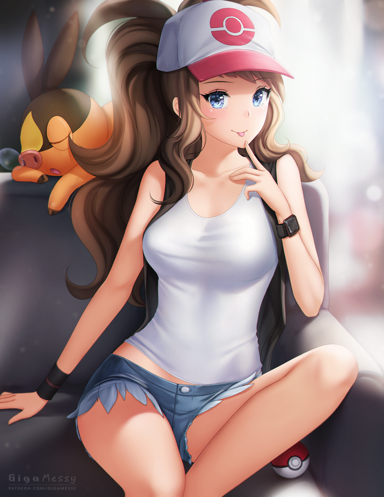 1girl baseball_cap blue_eyes blue_shorts breasts brown_hair closed_mouth collarbone denim denim_shorts gen_5_pokemon gigamessy hat hilda_(pokemon) long_hair looking_at_viewer medium_breasts poke_ball poke_ball_print pokemon pokemon_(creature) pokemon_(game) pokemon_bw print_headwear shirt short_shorts shorts sitting sleeveless sleeveless_shirt smile solo starter_pokemon tepig tongue tongue_out very_long_hair watermark white_headwear white_shirt wristband