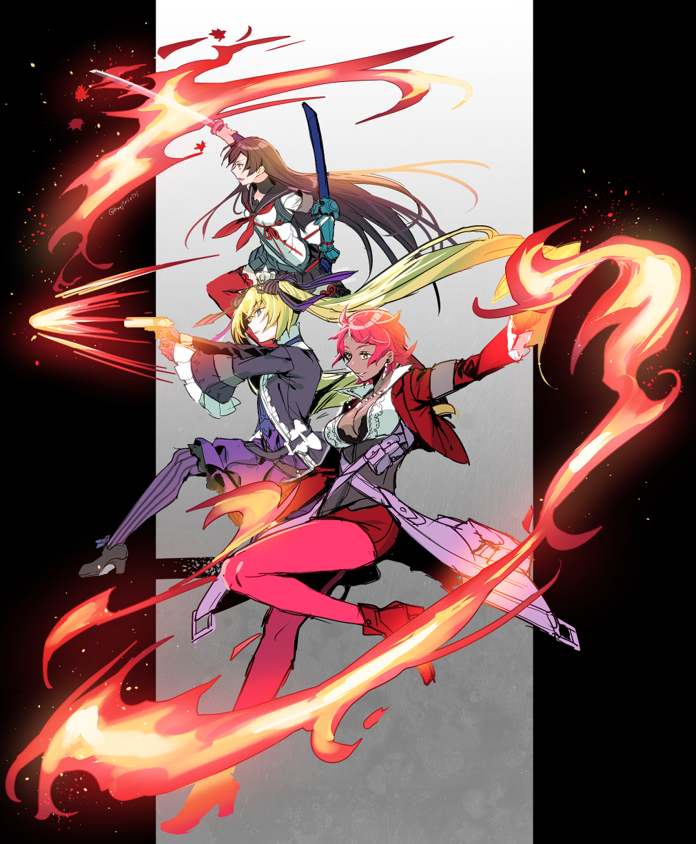 3girls 7th_dragon_(series) 7th_dragon_2020 alpha_(eren_mfmf) armband bangs black_footwear black_hair black_sailor_collar black_skirt blonde_hair breasts cleavage commentary_request crown dark_skin dark_skinned_female earrings eyebrows_visible_through_hair fire firing frilled_sleeves frills full_body gauntlets gloves gun hair_between_eyes high_heels highres holding holding_gun holding_sheath holding_sword holding_weapon jacket jewelry katana long_hair looking_to_the_side mini_crown multiple_girls neckerchief necklace open_clothes open_jacket open_mouth pantyhose parted_lips pencil_skirt pillarboxed pink_legwear psychic_(7th_dragon) purple_gloves purple_jacket purple_legwear purple_skirt red_footwear red_hair red_jacket red_legwear red_neckwear red_skirt sailor_collar samurai_(7th_dragon_series) school_uniform sheath shirt short_hair sidelocks simple_background single_gauntlet skirt smile striped striped_legwear sword thighhighs trickster_(7th_dragon) twintails twitter_username unsheathed vertical-striped_legwear vertical_stripes weapon white_background white_serafuku white_shirt wide_sleeves zettai_ryouiki