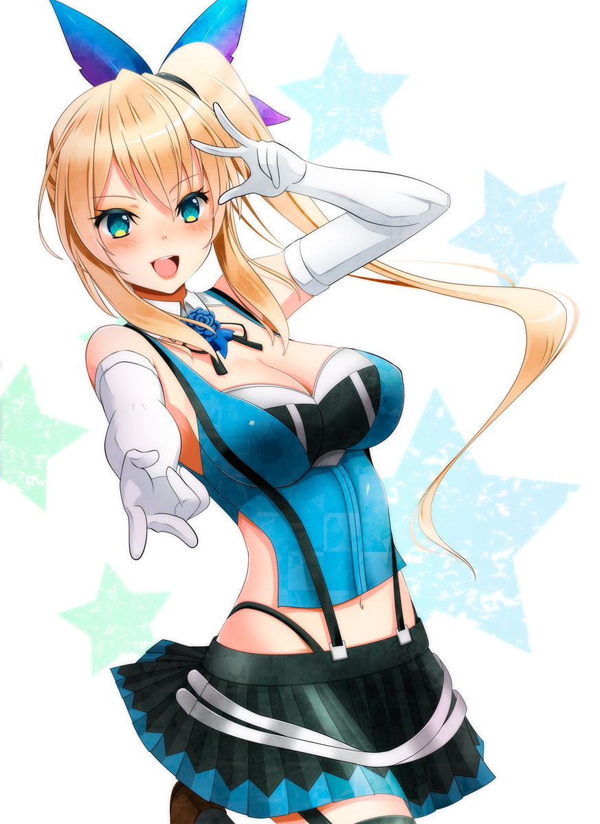 1girl :d bare_shoulders blonde_hair blue_eyes blush breasts cleavage elbow_gloves gloves highres kiko_(okuwae) large_breasts long_hair looking_at_viewer midriff mirai_akari mirai_akari_project navel open_mouth pleated_skirt side_ponytail skirt smile solo suspenders virtual_youtuber white_gloves