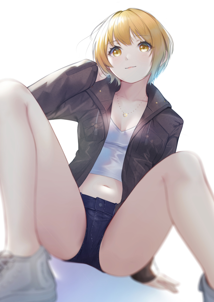 1girl arm_support bangs black_jacket blonde_hair blue_shorts blurry blurry_background blurry_foreground breasts cleavage closed_mouth collarbone crop_top denim denim_shorts eyebrows_visible_through_hair from_below hand_in_hair head_tilt idolmaster idolmaster_cinderella_girls jacket jewelry long_sleeves looking_at_viewer mari_(doraerin0) micro_shorts midriff miyamoto_frederica navel necklace open_clothes open_jacket shiny shiny_hair short_hair shorts simple_background sitting small_breasts solo stomach white_background yellow_eyes