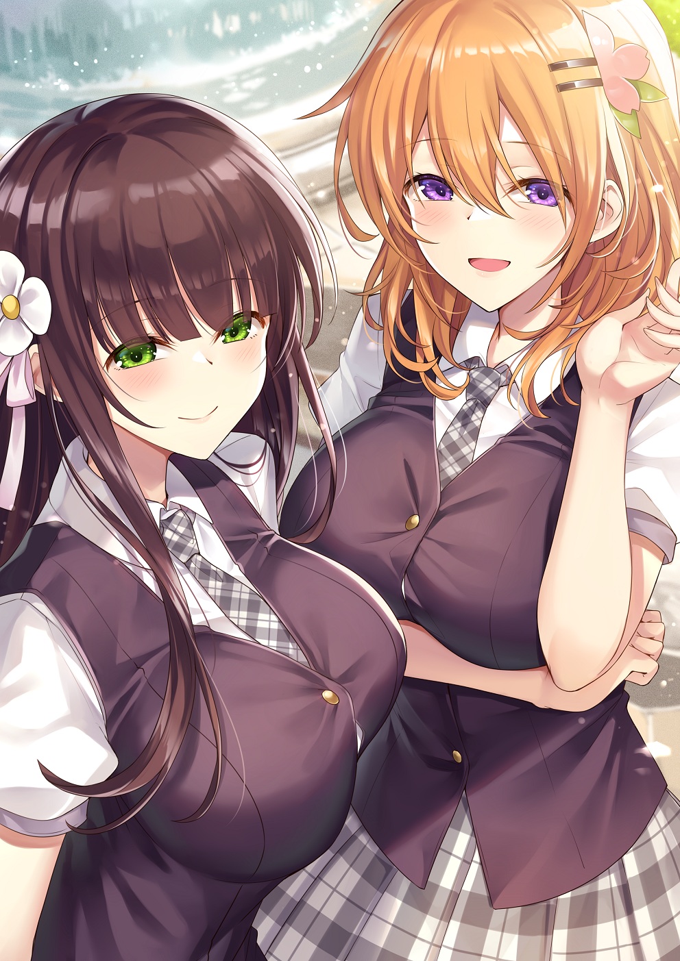 2girls arm_under_breasts bangs blunt_bangs breasts brown_hair closed_mouth collared_shirt commentary_request eyebrows_visible_through_hair flower fountain gochuumon_wa_usagi_desu_ka? green_eyes grey_skirt hair_between_eyes hair_flower hair_ornament highres hoto_cocoa ks_(xephyrks) large_breasts looking_at_viewer multiple_girls necktie open_mouth orange_hair outdoors plaid plaid_neckwear plaid_skirt purple_eyes school_uniform shirt short_sleeves skirt smile standing ujimatsu_chiya upper_body vest white_shirt