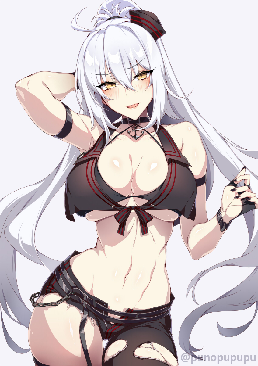 1girl ahoge bangs bare_shoulders belt bikini bikini_top blush breasts cleavage collarbone fate/grand_order fate_(series) highres jeanne_d'arc_(alter)_(fate) jeanne_d'arc_(fate)_(all) large_breasts long_hair looking_at_viewer navel ponytail silver_hair simple_background smile swimsuit very_long_hair white_background yellow_eyes zeroshiki_kouichi