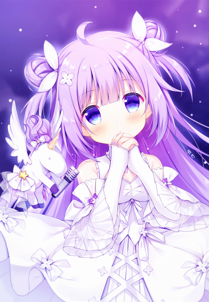 1girl ahoge azur_lane bangs bare_shoulders blush bow closed_mouth commentary_request detached_sleeves double_bun dress elbow_gloves eyebrows_visible_through_hair fingerless_gloves flower gloves hair_flower hair_ornament hair_ribbon hands_clasped hands_up long_hair looking_at_viewer nail_polish own_hands_together purple_eyes purple_hair purple_nails ribbon short_sleeves sleeveless sleeveless_dress solo stuffed_alicorn stuffed_animal stuffed_toy tengxiang_lingnai two_side_up unicorn_(azur_lane) very_long_hair white_bow white_dress white_footwear white_gloves white_ribbon wide_sleeves