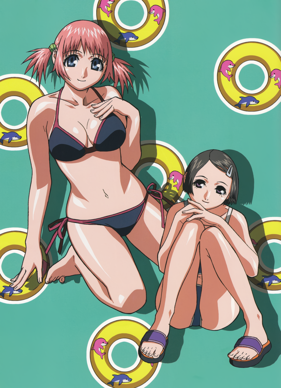 2girls asami_igarashi bangs barefoot bikini black_eyes black_hair blue_eyes drop_shadow eyebrows_visible_through_hair hair_ornament hairclip halter_top halterneck hands_together highres innertube knees_together_feet_apart looking_at_viewer mezzo_danger_service_agency mezzo_forte multiple_girls navel official_art parted_bangs pink_hair sandals shiny shiny_skin short_hair short_twintails side-tie_bikini smile suzuki_mikura swimsuit twintails umetsu_yasuomi