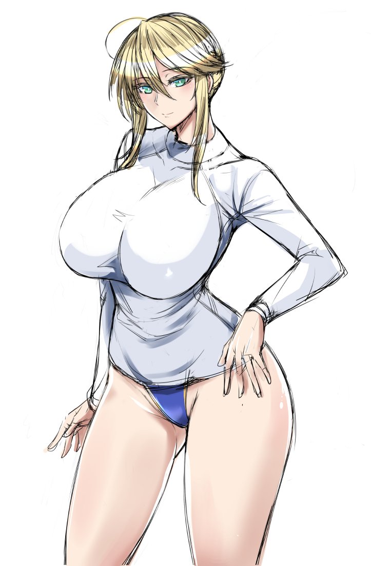 1girl ahoge artoria_pendragon_(all) artoria_pendragon_(lancer) bare_legs blonde_hair blush breasts cleavage fate/grand_order fate_(series) green_eyes hand_on_hip kumakichi_(cost-lost) large_breasts long_sleeves looking_at_viewer shirt sidelocks solo thighs tight_shirt