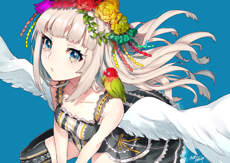 1girl bird black_dress blue_background blue_eyes breasts cleavage closed_mouth dress flower hair_flower hair_ornament head_wreath long_hair looking_at_viewer mika_pikazo original parrot platinum_blonde_hair red_flower red_rose ribbon rose signature simple_background small_breasts solo white_wings wings yellow_flower yellow_ribbon yellow_rose