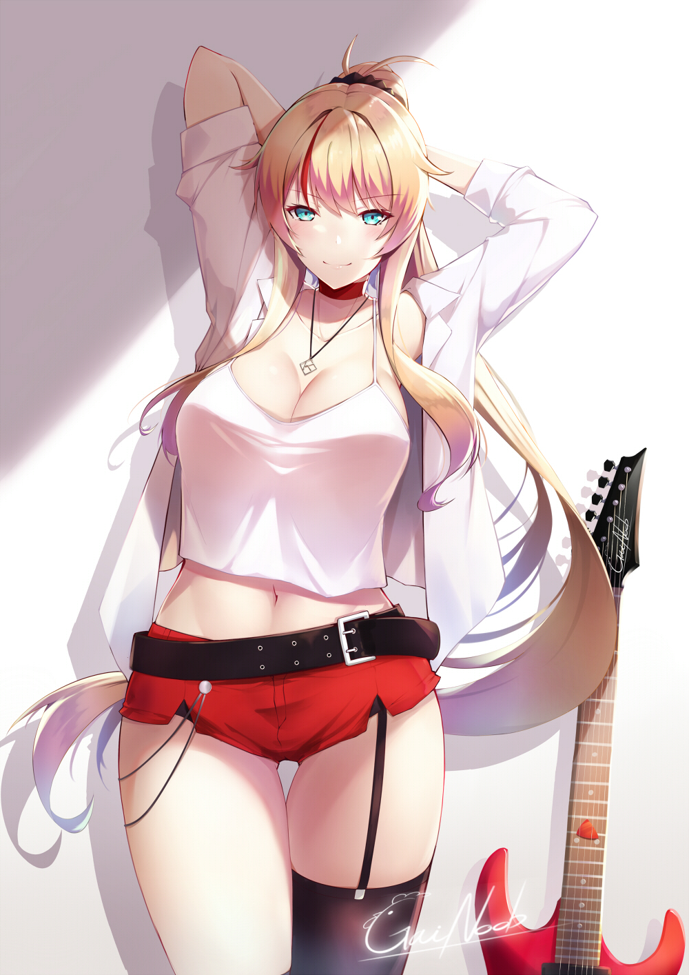1girl aqua_eyes arms_behind_head arms_up bangs belt black_legwear blonde_hair breasts brown_belt choker cleavage closed_mouth collared_shirt electric_guitar english_commentary eyebrows_visible_through_hair gainoob garter_straps guitar high_ponytail highres instrument jewelry large_breasts long_hair midriff navel necklace open_clothes open_shirt original plectrum red_choker red_shorts shirt shorts sidelocks single_thighhigh smile standing tank_top thighhighs thighs very_long_hair white_shirt white_tank_top