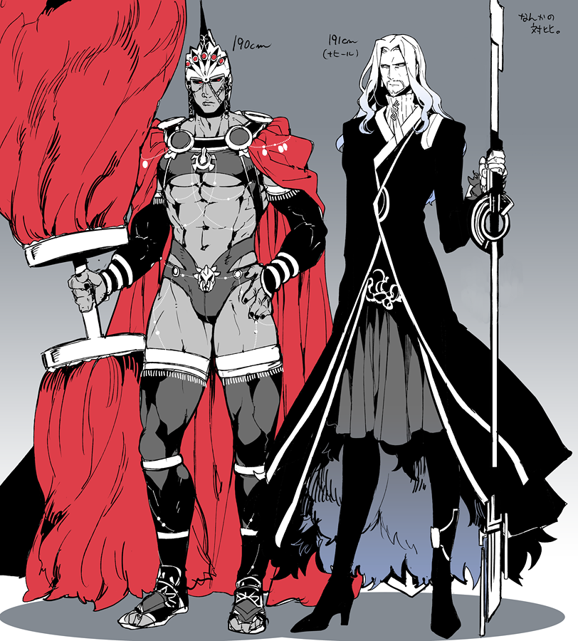 2boys abs beard black_nails black_sclera blue_eyes bulge cape chest chest_harness earrings elbow_gloves facial_hair fate/apocrypha fate/grand_order fate_(series) full_body fur-trimmed_sleeves fur_trim gloves hand_on_hip harness hat height_chart height_difference helmet high_heels holding holding_weapon jewelry koshiro_itsuki lance limited_palette lip_piercing long_hair long_sleeves looking_at_viewer male_focus multiple_boys muscle navel piercing planted_weapon polearm red_cape red_eyes revealing_clothes romulus_(fate/grand_order) simple_background thick_thighs thighhighs thighs tree_branch vlad_iii_(fate/apocrypha) weapon