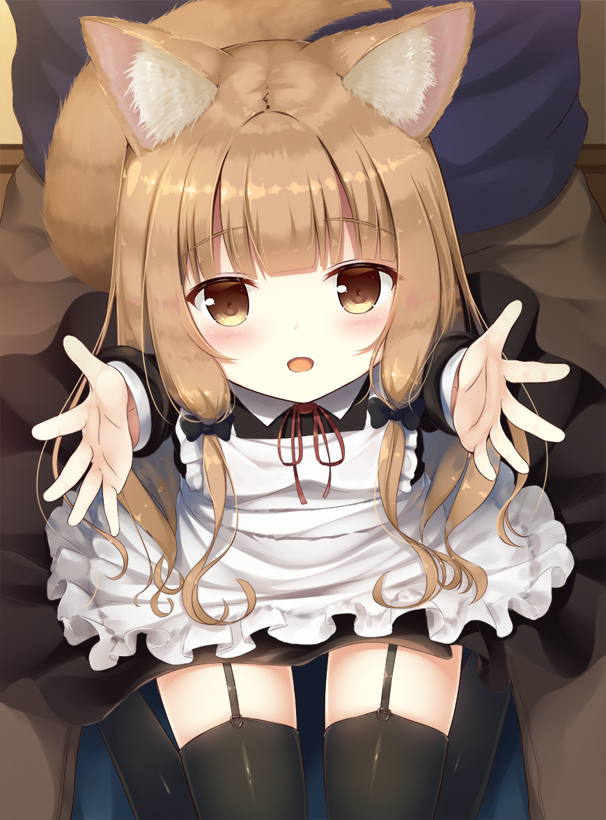 animal_ear_fluff animal_ears apron arms_up black_dress black_legwear brown_eyes brown_hair dog_ears dog_tail dress from_above garter_straps indoors long_hair looking_at_viewer looking_up maid open_mouth original outstretched_arms outstretched_hand pillow psyche3313 sitting smile tail thighhighs thighs white_apron zettai_ryouiki