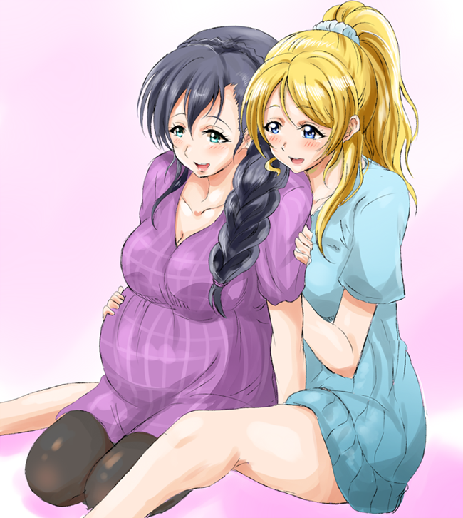2girls alternate_hairstyle ayase_eli black_hair black_legwear blonde_hair blue_shirt braid breasts commentary_request hand_on_another's_stomach high_ponytail ips_cells love_live! love_live!_school_idol_project medium_breasts multiple_girls pantyhose pregnant shirt shogo_(4274732) sitting smile toujou_nozomi yuri