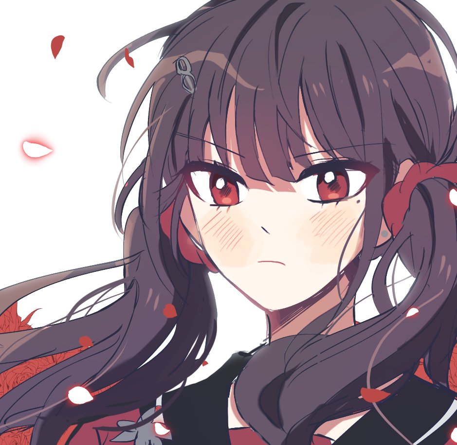 1girl bangs blush brown_hair closed_mouth danganronpa expressionless face floating_hair flower hair_ornament hair_scrunchie hairclip harukawa_maki long_hair looking_at_viewer mole mole_under_eye new_danganronpa_v3 papu_(papu1006) petals red_eyes red_flower red_rose red_scrunchie rose scrunchie simple_background sketch solo white_background