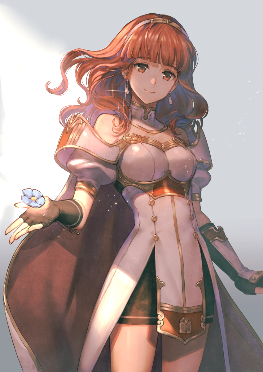 1girl bangs bare_shoulders black_skirt blue_flower blunt_bangs breasts buttons cape celica_(fire_emblem) cowboy_shot detached_collar diadem dress earrings eyebrows_visible_through_hair fingerless_gloves fire_emblem fire_emblem_echoes:_shadows_of_valentia flower furikawa_arika gloves gold_trim highres jewelry long_hair looking_at_viewer medium_breasts miniskirt puffy_short_sleeves puffy_sleeves red_cape red_eyes shadow short_dress short_sleeves simple_background skirt smile solo strapless strapless_dress thighs two-tone_cape underskirt white_cape white_dress wrist_guards