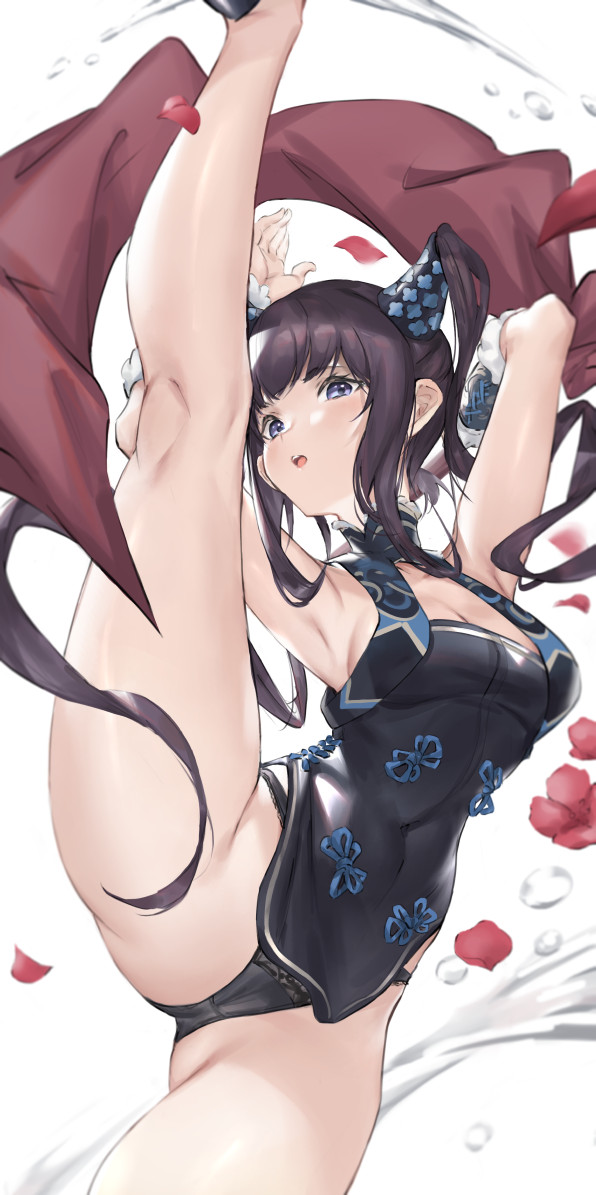 1girl bangs bare_shoulders black_dress blush breasts china_dress chinese_clothes cleavage detached_sleeves dress fate/grand_order fate_(series) hair_ornament large_breasts leg_lift leg_up long_hair open_mouth parfaitlate petals purple_hair side_slit sidelocks split standing standing_on_one_leg standing_split thighs twintails very_long_hair yang_guifei_(fate/grand_order)