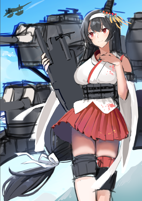 1girl aircraft airplane black_hair cowboy_shot detached_sleeves epaulettes floral_print fusou_(kantai_collection) hair_ornament hand_on_own_chest headband kantai_collection long_hair looking_to_the_side machinery mizuki_eiru_(akagi_kurage) red_eyes remodel_(kantai_collection) solo standing