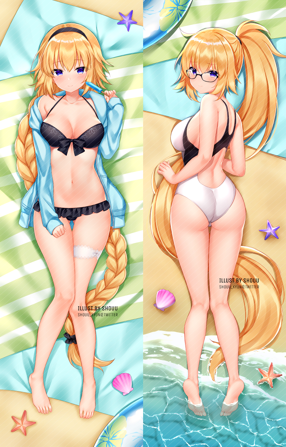 1girl ass back bangs bare_shoulders beach_mat bikini black_bikini black_swimsuit blonde_hair blue_eyes blue_jacket blush braid breasts cleavage collarbone competition_swimsuit dakimakura fate/grand_order fate_(series) feet_out_of_frame food frilled_bikini frills front-tie_bikini front-tie_top glasses groin hairband halterneck hand_up highres holding jacket jeanne_d'arc_(fate)_(all) jeanne_d'arc_(swimsuit_archer) large_breasts leg_garter long_hair long_sleeves looking_at_viewer looking_back lying navel on_back one-piece_swimsuit open_clothes open_jacket ponytail popsicle shouu-kun single_braid smile starfish stomach string_bikini swimsuit thigh_gap thighs two-tone_swimsuit very_long_hair white_swimsuit