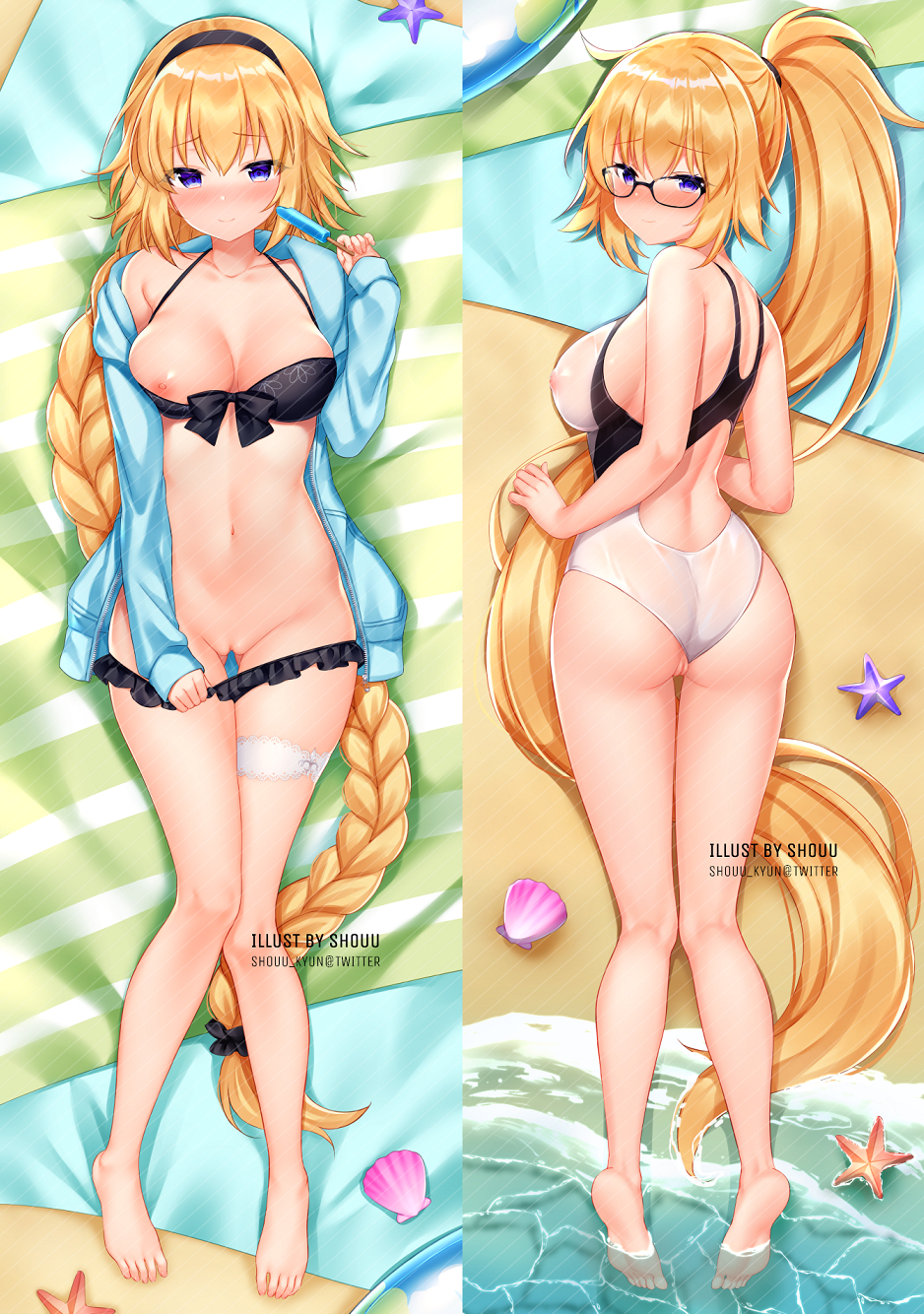 1girl ass back bangs bare_shoulders beach_mat bikini black_bikini black_swimsuit blonde_hair blue_eyes blue_jacket blush braid breasts cleavage collarbone competition_swimsuit covered_nipples dakimakura fate/grand_order fate_(series) feet_out_of_frame food frilled_bikini frills front-tie_bikini front-tie_top glasses groin hairband halterneck hand_up highres holding jacket jeanne_d'arc_(fate)_(all) jeanne_d'arc_(swimsuit_archer) large_breasts leg_garter long_hair long_sleeves looking_at_viewer looking_back lying navel nipples on_back one-piece_swimsuit one_breast_out open_clothes open_jacket ponytail popsicle shouu-kun single_braid smile starfish stomach string_bikini swimsuit thigh_gap thighs two-tone_swimsuit very_long_hair white_swimsuit