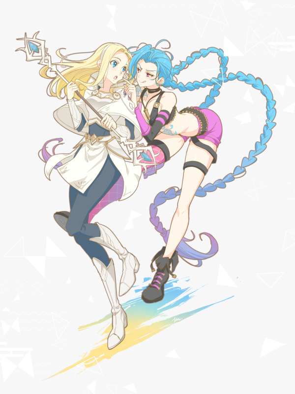 2girls bare_shoulders black_footwear blonde_hair blue_eyes blue_hair blue_nails bullet bullet_necklace choker closed_fan fan fingernails folding_fan gradient gradient_background gradient_legwear hairband holding holding_staff jewelry jinx_(league_of_legends) kn_knowhere league_of_legends long_hair luxanna_crownguard medium_hair multiple_girls necklace open_mouth pink_eyes shiny shiny_skin single_thighhigh staff tattoo teeth thigh_strap thighhighs tongue tongue_out upper_teeth very_long_hair white_footwear white_hairband