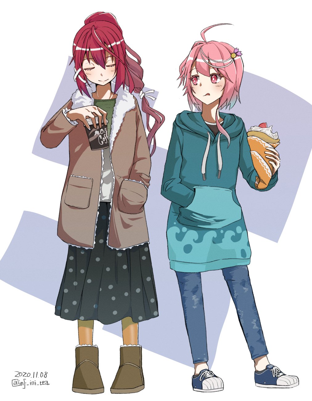 2girls :q ahoge alternate_costume bangs black_skirt blue_footwear blue_jacket blue_pants boots brown_footwear brown_jacket closed_eyes crepe cup dated disposable_cup eyebrows_visible_through_hair food fur-trimmed_jacket fur_boots fur_trim hair_ornament hand_in_pocket highres holding holding_cup holding_food hood hood_down hoodie i-168_(kantai_collection) i-58_(kantai_collection) infini jacket kantai_collection long_hair long_sleeves multiple_girls pants pink_eyes pink_hair polka_dot polka_dot_skirt ponytail red_hair shirt shoes short_hair simple_background skirt smile sneakers standing tongue tongue_out twitter_username two-tone_background ugg_boots