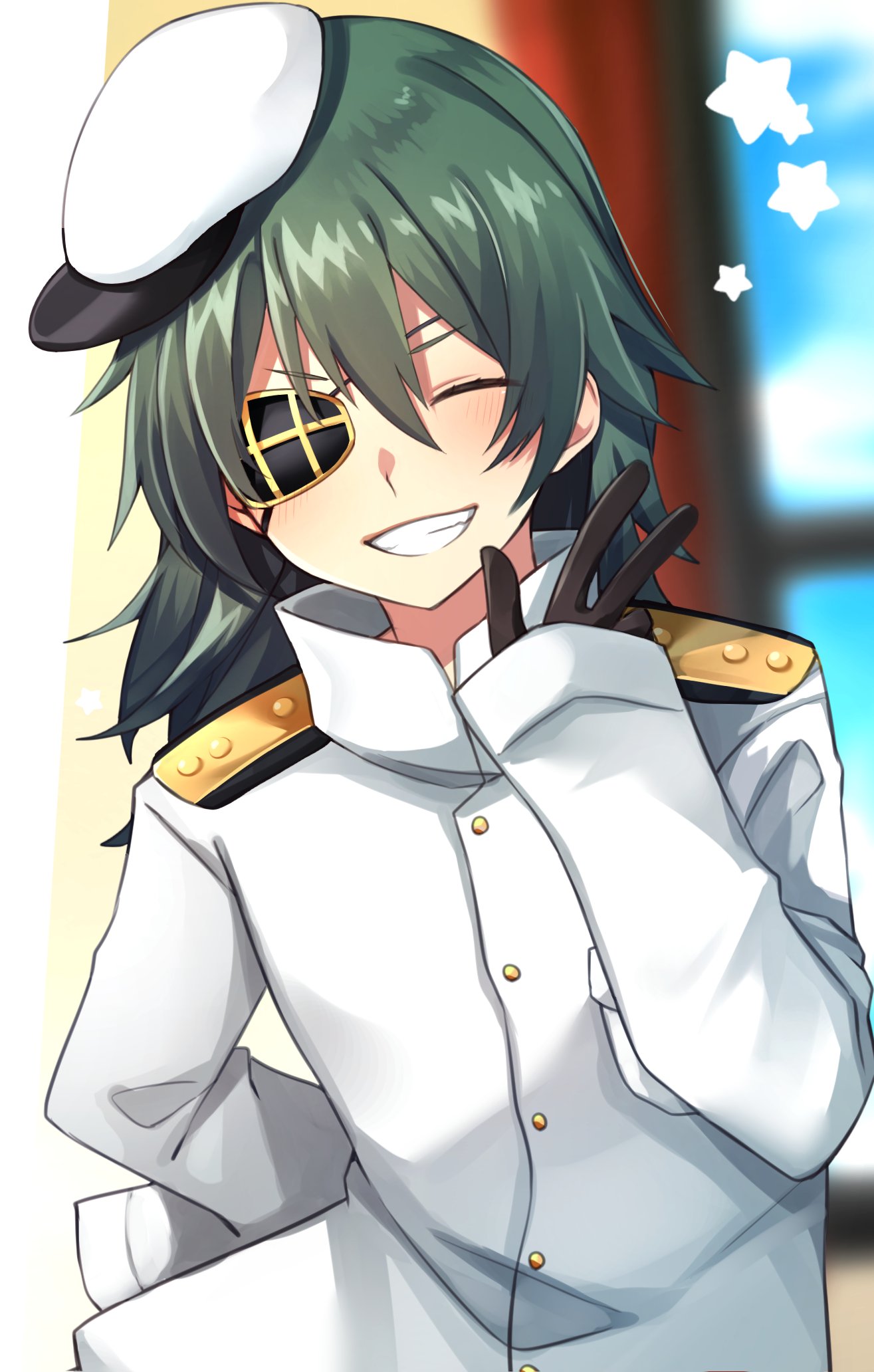 1girl bangs black_gloves closed_eyes commentary_request epaulettes eyepatch gloves green_hair grin hair_between_eyes hat highres kantai_collection katsuobushi_(eba_games) kiso_(kantai_collection) military military_uniform naval_uniform sailor_hat short_hair sleeves_past_fingers sleeves_past_wrists smile solo star_(symbol) uniform white_headwear
