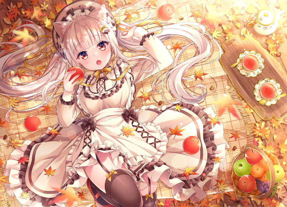 1girl :o animal_ear_fluff animal_ears apple apron arm_up autumn_leaves bangs blanket blush brown_legwear cat_ears commentary_request cup cutting_board dress eyebrows_visible_through_hair fang food frilled_apron frilled_dress frills fringe_trim from_above fruit garter_straps hat holding holding_food holding_fruit knee_up leaf long_hair long_sleeves looking_at_viewer lying maple_leaf nemuri_nemu on_back open_mouth original outdoors plaid pleated_dress red_apple red_eyes saucer silver_hair solo spoon sunset tea teacup thighhighs twintails very_long_hair white_apron white_dress white_headwear