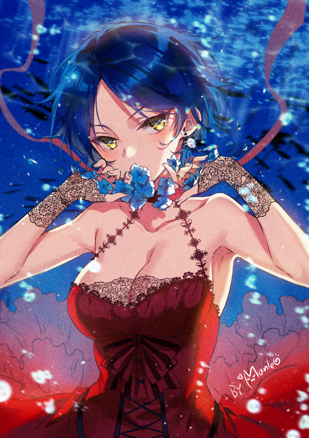 1girl bangs bare_shoulders blue_flower blue_hair bow breasts cleavage collarbone commentary_request dress earrings eyebrows_visible_through_hair flower glint hands_up hayami_kanade highres holding holding_flower idolmaster idolmaster_cinderella_girls jewelry looking_at_viewer manle medium_breasts outdoors parted_bangs red_bow red_dress short_hair sleeveless sleeveless_dress solo striped striped_bow underwater v-shaped_eyebrows water yellow_eyes