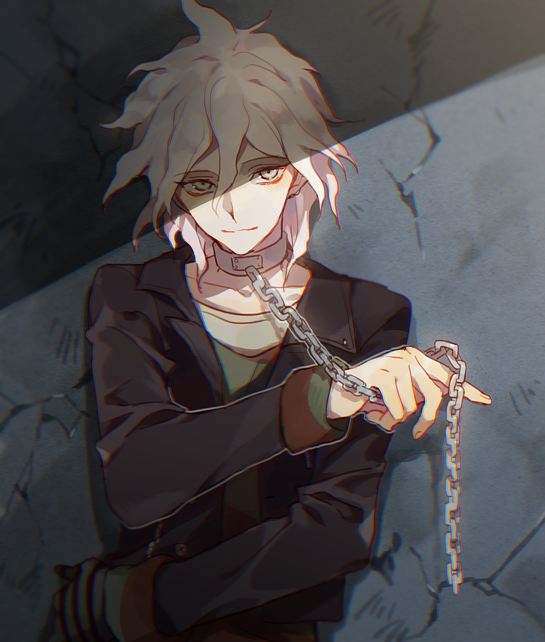 1boy ahoge bangs black_jacket brown_shirt chain chained closed_mouth collar collarbone commentary_request cuffs danganronpa danganronpa_3 grey_eyes hair_between_eyes hand_up holding holding_chain io_(sinking=carousel) jacket komaeda_nagito long_sleeves looking_at_viewer male_focus medium_hair metal_collar open_clothes open_jacket shackles shirt smile solo upper_body white_hair