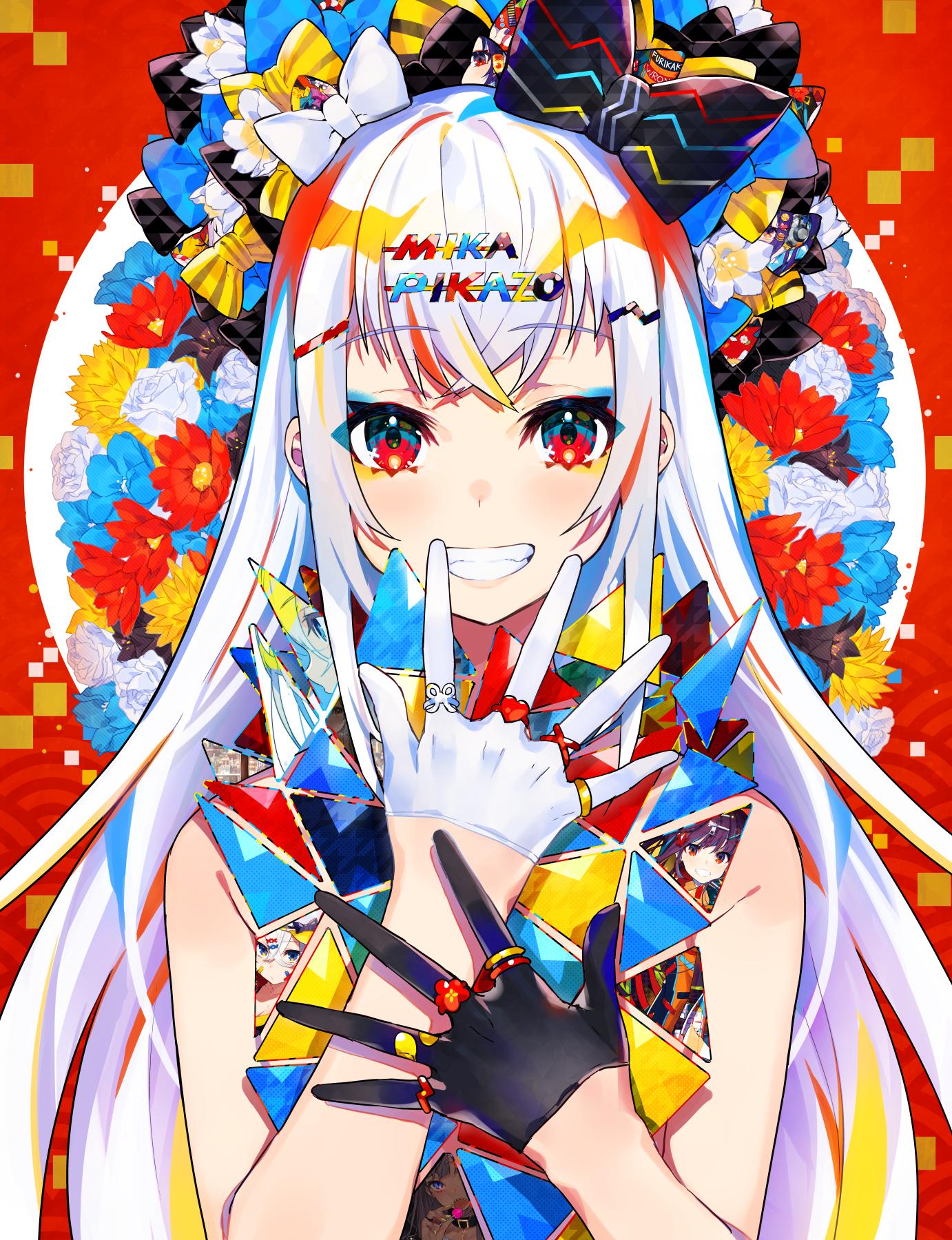 1girl artist_name bangs black_bow black_flower black_gloves blonde_hair blue_flower bow crossed_bangs eyebrows_visible_through_hair flower gloves grin hair_bow hair_ornament hairclip half_gloves heart highres jewelry long_hair mika_pikazo mismatched_gloves multicolored_hair original red_eyes red_flower red_hair ring rose smile solo streaked_hair striped striped_bow upper_body very_long_hair white_bow white_flower white_gloves white_hair white_rose yellow_bow yellow_flower