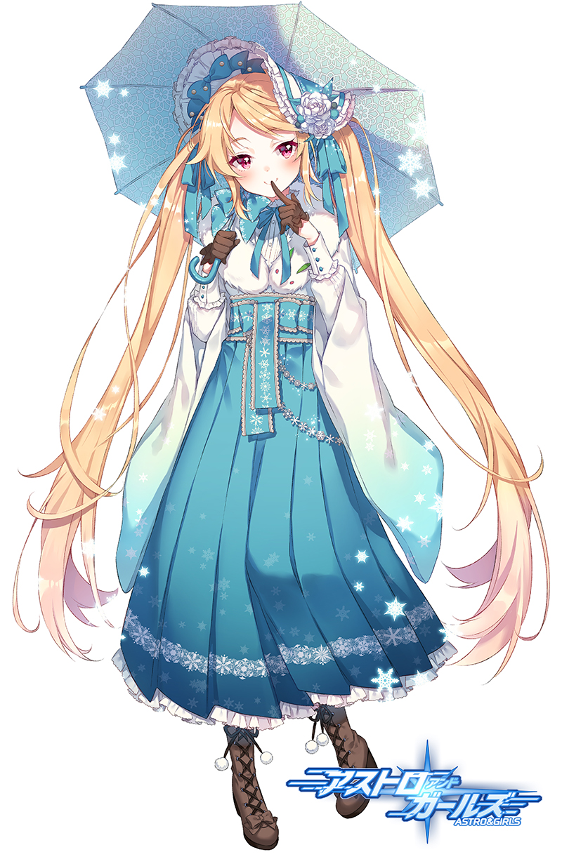 1girl astro_and_girls blonde_hair blue_bow blue_headwear blue_skirt blue_umbrella blush bonnet boots bow brown_footwear brown_gloves closed_mouth commentary_request cross-laced_footwear floral_print flower frilled_skirt frills full_body fur_collar gloves half_gloves hat hat_flower high-waist_skirt highres holding holding_umbrella lace-up_boots long_hair long_sleeves looking_at_viewer manle official_art pleated_skirt print_umbrella rose shirt simple_background skirt smile solo standing standing_on_one_leg twintails umbrella very_long_hair watermark white_background white_flower white_rose white_shirt wide_sleeves