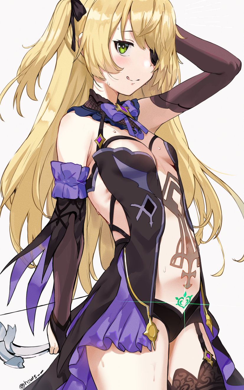 1girl :q bangs blonde_hair blush bow_(weapon) breasts bridal_gauntlets closed_mouth commentary detached_sleeves eyepatch fischl_(genshin_impact) garter_straps genshin_impact gloves green_eyes hair_over_one_eye hews highres licking_lips long_hair looking_at_viewer pubic_tattoo simple_background single_glove small_breasts solo stomach_tattoo sweat tattoo thighs tongue tongue_out two_side_up weapon white_background