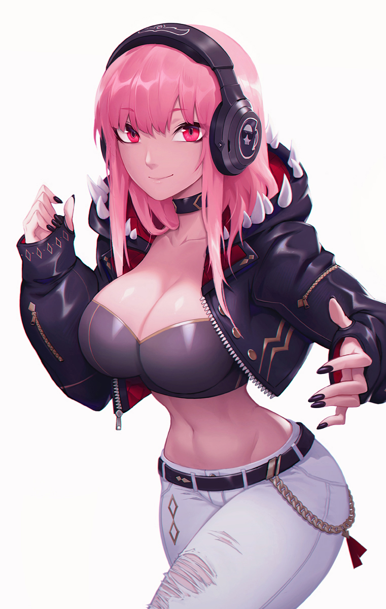 1girl adapted_costume alternate_costume bandeau belt belt_chain black_choker black_nails breasts choker cleavage collarbone cowboy_shot cropped_jacket denim fingernails gold_trim hand_up headphones highres hololive hololive_english hood hooded_jacket huge_breasts jacket jeans leather leather_jacket liyart looking_at_viewer mori_calliope nail_polish navel open_clothes open_jacket pants pink_hair punk simple_background sleeves_past_wrists solo thick_thighs thighs thin_waist torn_clothes torn_pants tsurime white_background white_pants zipper zipper_pull_tab