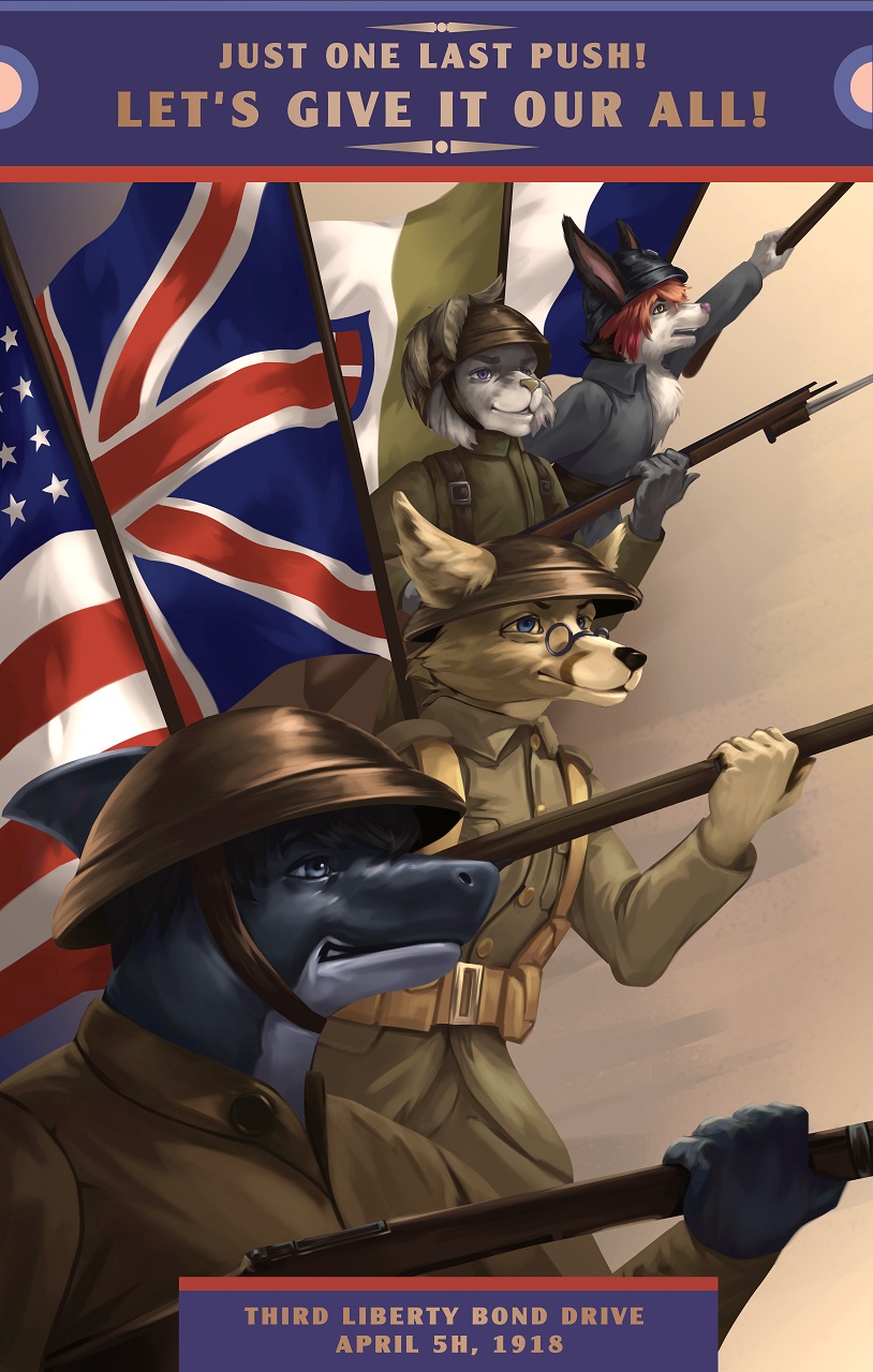 ! 2018 anthro backpack bayonet black_hair black_nose blue_eyes british_flag brown_body brown_fur canid canine chest_tuft clothed clothing domestic_cat english_text eyebrows eyewear feathers felid feline felis fennec fish fox french_flag fur glasses gradient_background grey_body grey_fur grey_nose group gun hair hat headgear headwear hi_res italian_flag kingdom_of_italy knife lynx male mammal marine military military_cap military_clothing military_pants military_uniform patriotism pimpartist pink_nose politics purple_eyes ranged_weapon rifle shark simple_background stars_and_stripes tan_body tan_fur text traditional_media_(artwork) tuft uniform union_jack united_states_of_america weapon white_body white_fur world_war_1 yellow_eyes