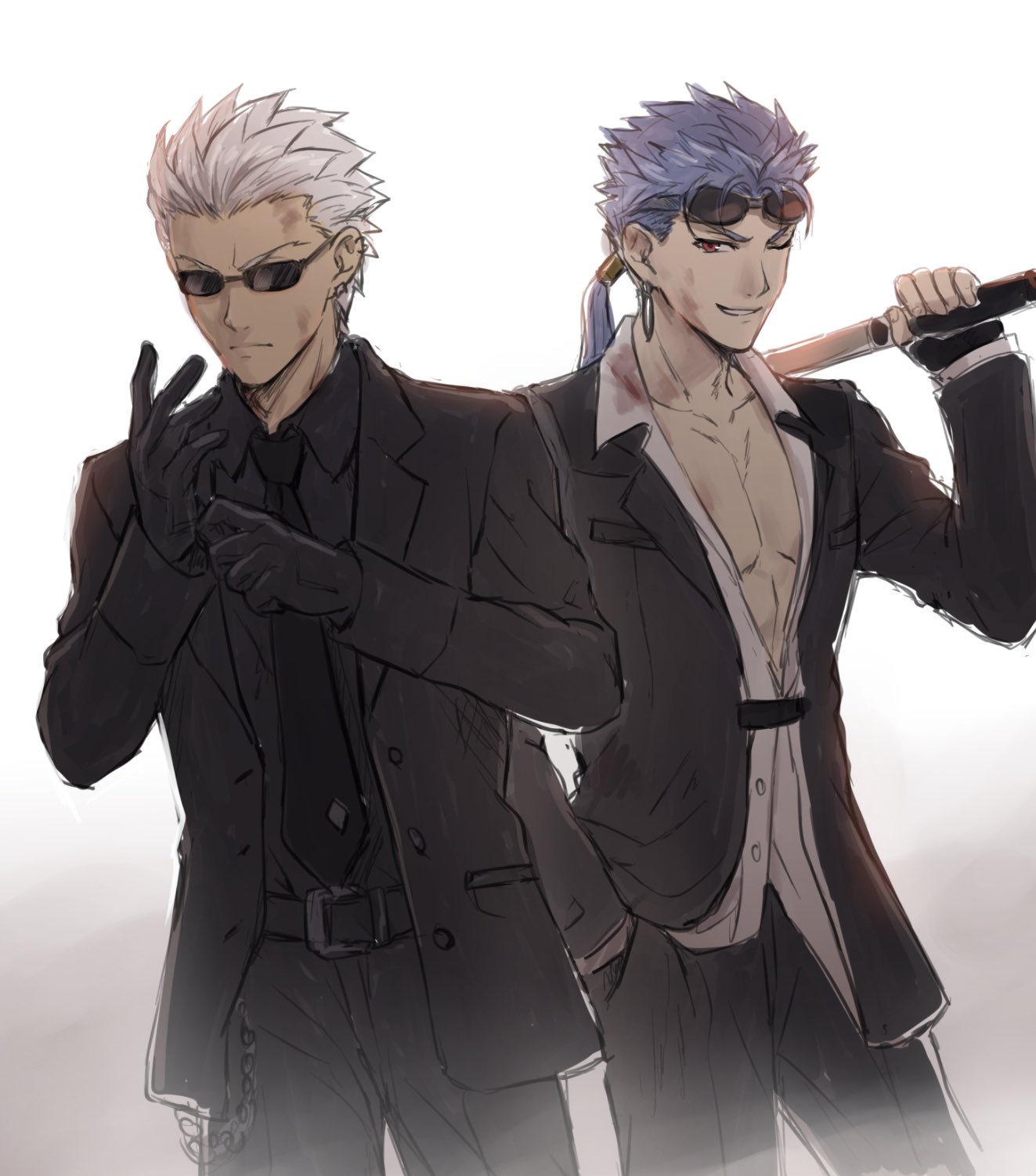 2boys archer bangs black_gloves black_jacket black_neckwear black_pants black_shirt blue_hair chest collarbone collared_shirt commentary_request cosplay cowboy_shot cu_chulainn_(fate)_(all) earrings eyewear_on_head fate/stay_night fate_(series) fingerless_gloves gloves goggles goggles_on_headwear grey_hair grey_shirt hand_in_pocket highres holding holding_weapon jacket jewelry lancer long_hair long_sleeves looking_at_viewer male_focus mondi_hl multiple_boys pants partially_unbuttoned ponytail red_eyes reno_(ff7) reno_(ff7)_(cosplay) rude_(ff7) rude_(ff7)_(cosplay) serious shirt short_hair simple_background spiked_hair sunglasses weapon white_background