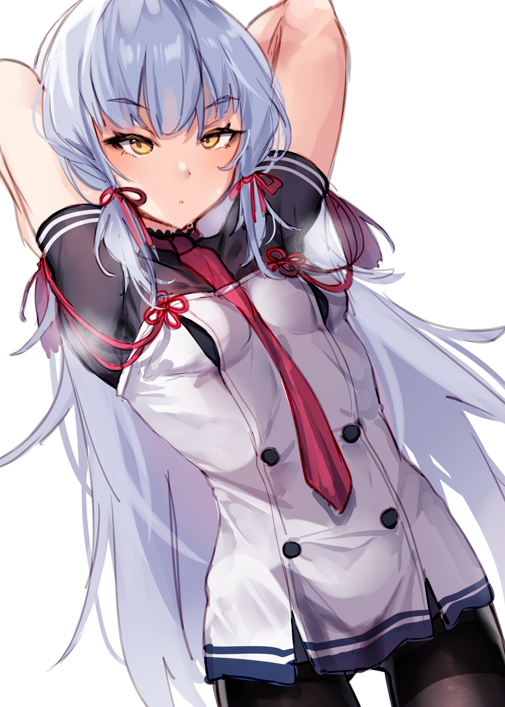 1girl arms_up breasts dress hair_ribbon highres kagurazaka_miyabi kantai_collection long_hair murakumo_(kantai_collection) necktie pantyhose remodel_(kantai_collection) ribbon sidelocks silver_hair small_breasts solo steaming_body strapless strapless_dress sweatdrop tress_ribbon undershirt very_long_hair yellow_eyes