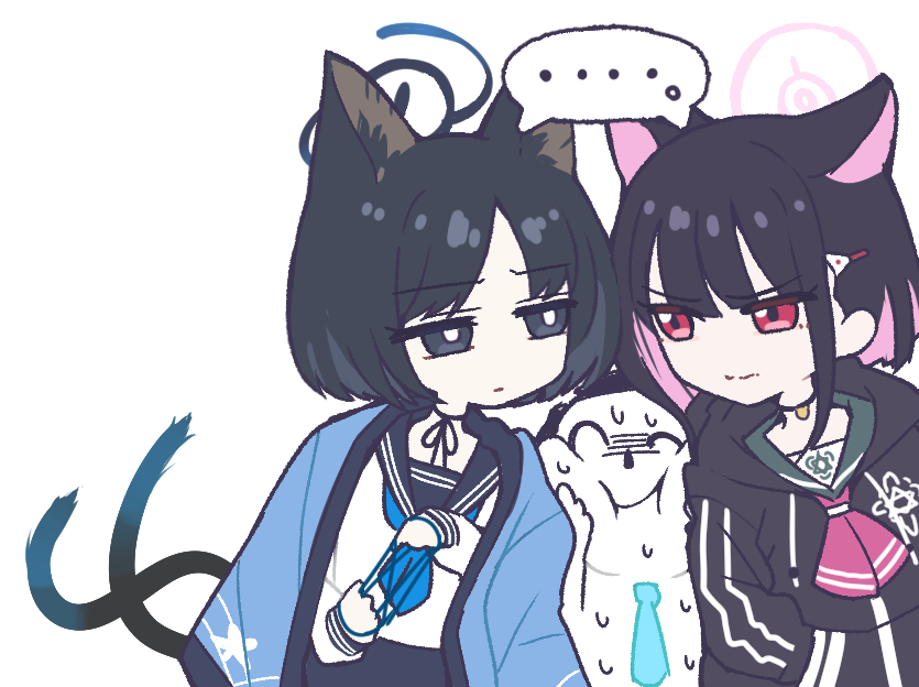 ... 1boy 2girls animal_ears ascot black_eyes black_hair black_hoodie blue_archive blue_neckerchief cat's_cradle cat_ears cat_girl cat_tail choker closed_mouth colored_inner_hair doodle_sensei_(blue_archive) extra_ears eye_contact girl_sandwich glaring hair_ornament hairclip halo hands_in_pockets haori hood hoodie japanese_clothes kazusa_(blue_archive) kikyou_(blue_archive) looking_at_another multicolored_hair multiple_girls multiple_tails neck_ribbon neckerchief nervous_sweating neshia_(tsaqif0309) pink_ascot red_eyes ribbon sailor_collar sandwiched sensei_(blue_archive) shirt short_hair spoken_ellipsis sweat tail upper_body v-shaped_eyebrows white_background white_shirt