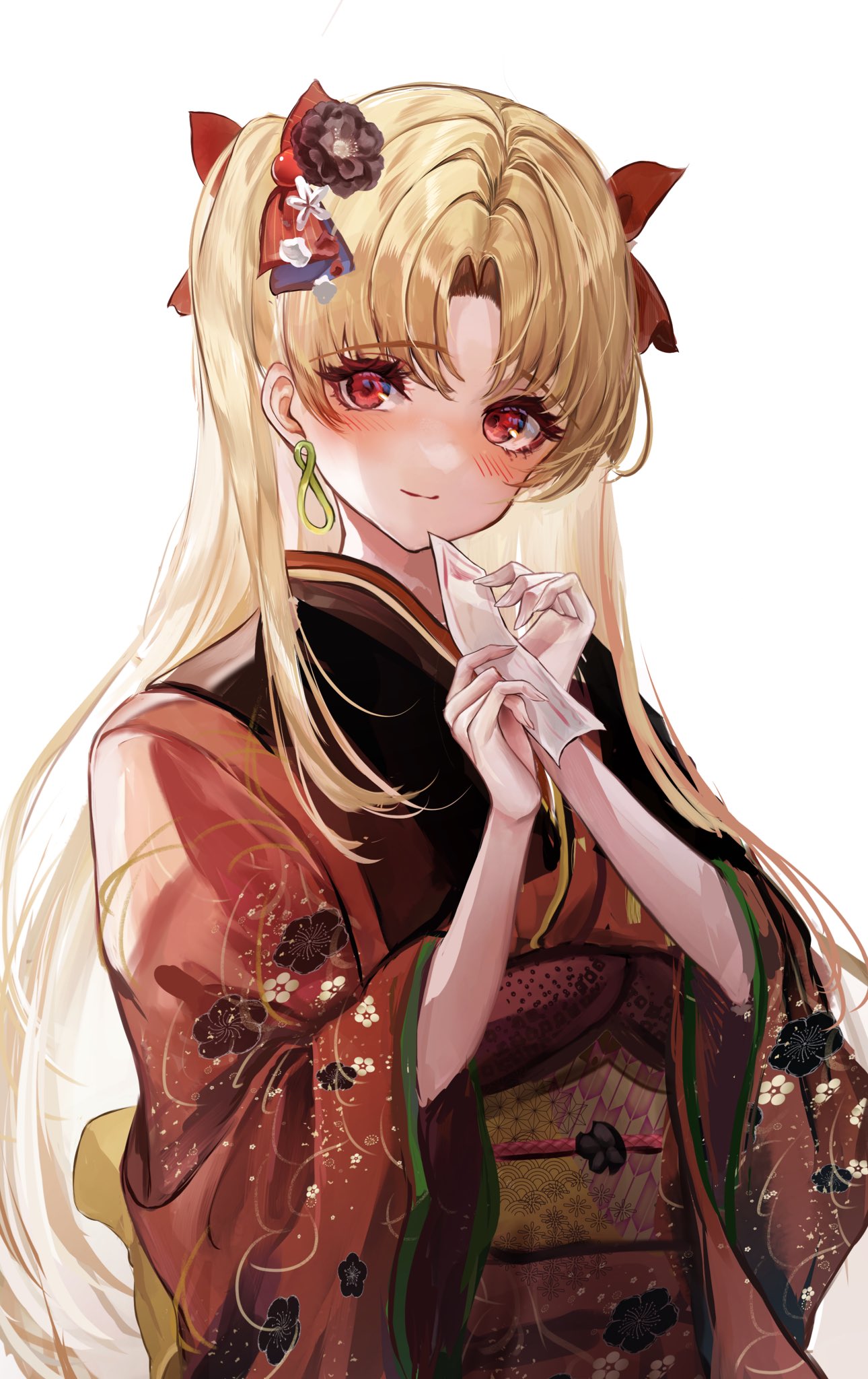 1girl alternate_costume black_flower blush chiachun0621 closed_mouth commentary_request earrings ereshkigal_(fate) fate/grand_order fate_(series) flower hair_flower hair_ornament hair_ribbon highres holding holding_paper japanese_clothes jewelry kimono long_hair looking_at_viewer obi paper parted_bangs red_eyes red_kimono red_ribbon ribbon sash simple_background smile solo two_side_up very_long_hair white_background wide_sleeves yukata