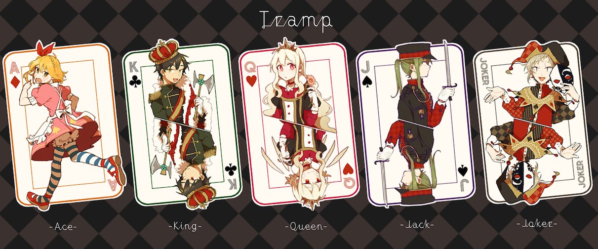 2boys 3girls ace_(playing_card) axe battle_axe black_background black_coat blue_coat blue_pantyhose card checkered_background clown coat commentary_request crown diamond_(shape) from_side green_coat green_hair hat heart holding holding_axe holding_sword holding_weapon jack_(playing_card) joker_(playing_card) kagerou_project kano_shuuya king_(playing_card) kisaragi_momo kozakura_marry light_brown_hair long_sleeves looking_at_viewer mask military_hat military_uniform mokemoke_chan multiple_boys multiple_girls open_mouth orange_hair outside_border pantyhose peaked_cap playing_card ponytail profile queen_(playing_card) red_headwear rotational_symmetry running seto_kousuke short_hair smile soldier spade_(shape) striped striped_pantyhose sword two-tone_background two-tone_headwear two-tone_pantyhose typo uniform upper_body wavy_hair weapon white_hair white_pantyhose