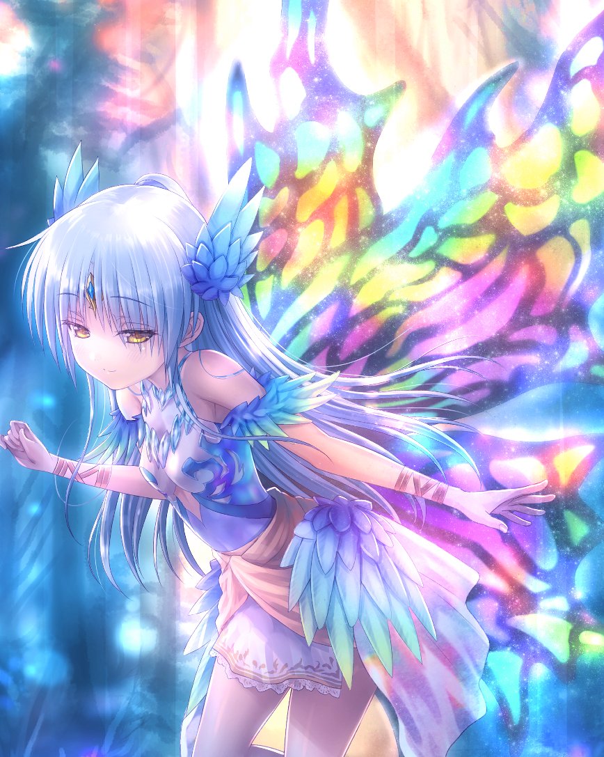 1girl angel_beats! butterfly_wings closed_mouth commentary_request dress fantasy forehead_jewel goto_p grey_hair insect_wings long_hair smile solo standing standing_on_one_leg tachibana_kanade wings yellow_eyes