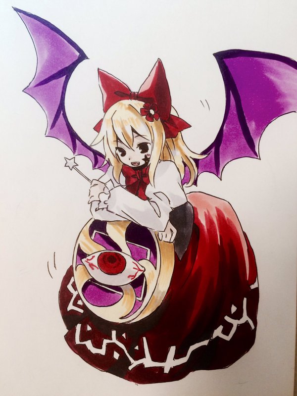 1girl bat_wings black_eyes black_vest blonde_hair commentary_request elis_(touhou) facial_mark fang flower frilled_sleeves frills hair_flower hair_ornament hair_ribbon holding holding_wand juliet_sleeves kaigen_1025 long_hair long_sleeves marker_(medium) neck_ribbon open_mouth puffy_sleeves purple_wings red_flower red_ribbon red_skirt ribbon shirt simple_background skirt smile star_(symbol) star_facial_mark star_wand touhou touhou_(pc-98) traditional_media vest wand white_background white_shirt wings yuugenmagan