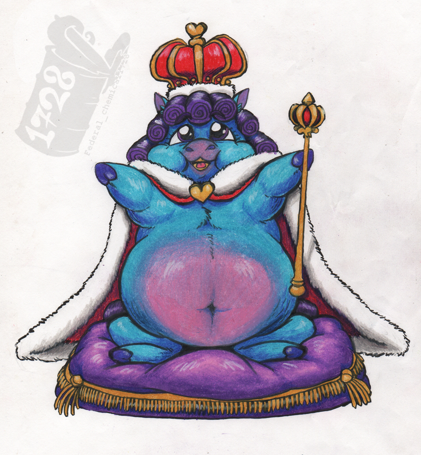 2024 ambiguous_gender belly blue_body blue_fur blue_hooves cape chubby_cheeks clothing colored_pencil_(artwork) crown curled_mane federalchemical1728 feral fluffy_pony fluffy_pony_(species) full-length_portrait fur glistening glistening_belly glistening_eyes headgear hooves king mammal mane navel obese obese_feral open_mouth open_smile overweight overweight_feral pen_(artwork) pillow pink_tongue portrait purple_eyes purple_mane royalty scepter shaded simple_background sitting sitting_on_pillow smile solo teeth tongue traditional_media_(artwork) underhoof unguligrade watermark white_background yellow_teeth