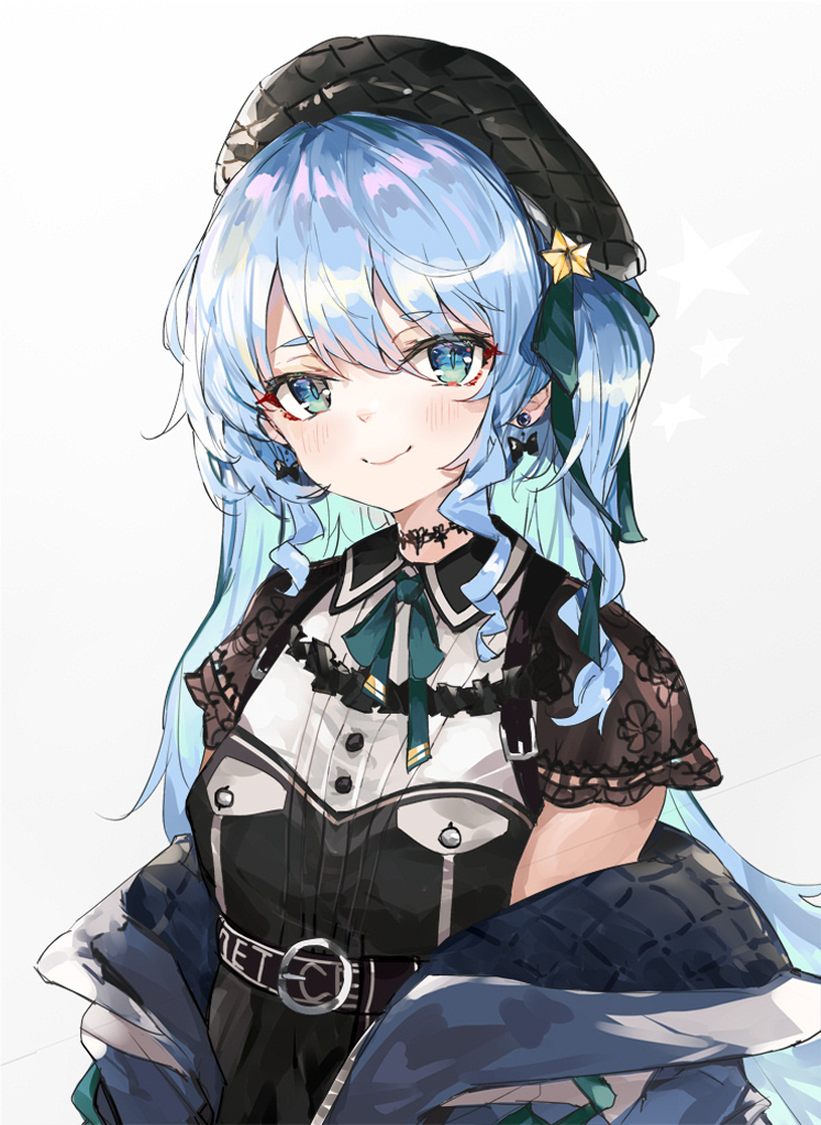1girl bangs banned_artist beret black_dress black_headwear blue_eyes blue_hair blue_jacket blush bow closed_mouth commentary_request dress eyebrows_visible_through_hair green_bow green_eyes green_hair grey_background hair_between_eyes hair_bow hair_ornament hat hololive hoshimachi_suisei jacket long_hair looking_at_viewer multicolored_hair off_shoulder open_clothes open_jacket see-through see-through_sleeves short_sleeves smile solo star_(symbol) star_hair_ornament two-tone_hair two_side_up very_long_hair virtual_youtuber zairen