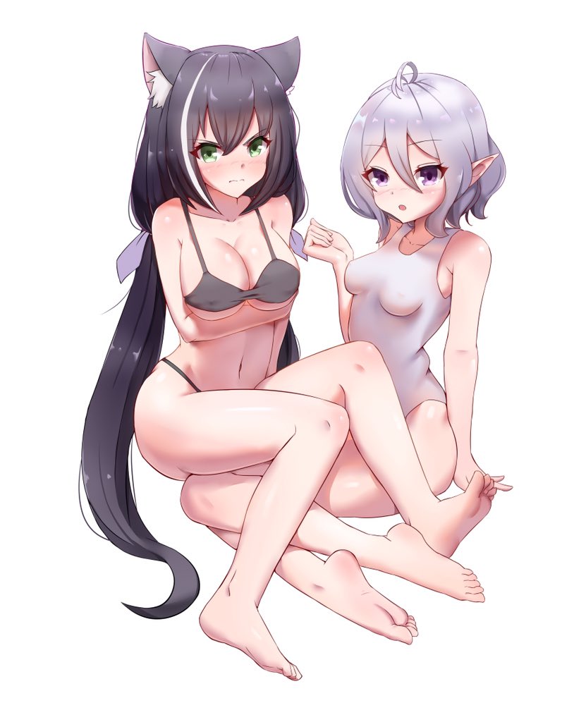 2girls animal_ears barefoot karyl_(princess_connect!) kokkoro_(princess_connect!) long_hair multiple_girls one-piece_swimsuit pointy_ears princess_connect! swimsuit taichi_suzuki white_background white_hair white_one-piece_swimsuit